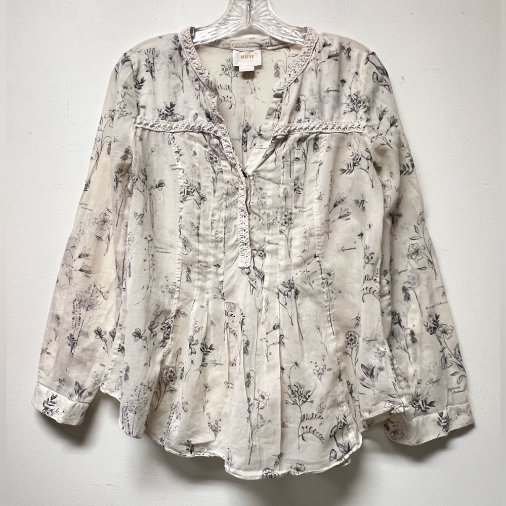 Anthropologie MAEVE Abella Pintuck Botanic Sketch Crochet Trim Blouse Top Size 6